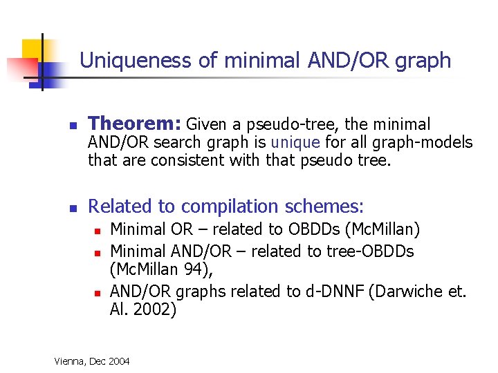 Uniqueness of minimal AND/OR graph n Theorem: Given a pseudo-tree, the minimal n Related