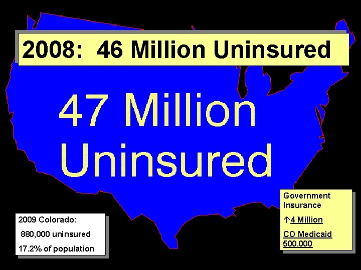 2008: 46 Million Uninsured Government Insurance 2009 Colorado: á 4 Million 880, 000 uninsured