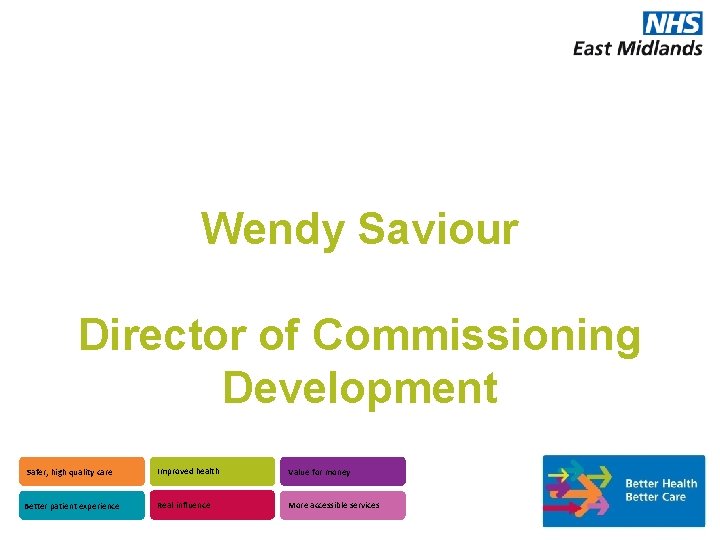 Wendy Saviour Director of Commissioning Development Safer, high quality care Better patient experience Improved