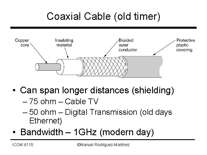 Coaxial Cable (old timer) • Can span longer distances (shielding) – 75 ohm –
