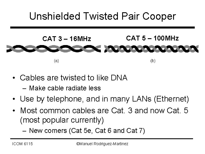 Unshielded Twisted Pair Cooper CAT 3 – 16 MHz CAT 5 – 100 MHz