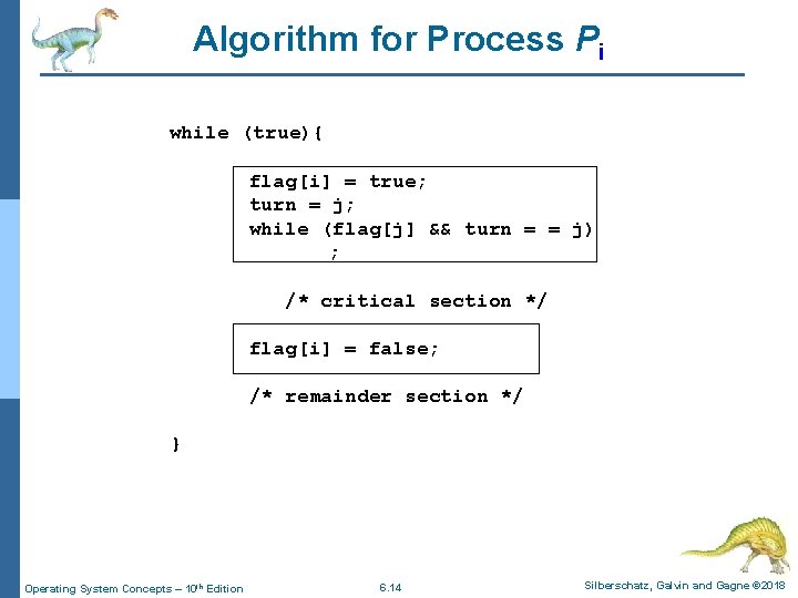 Algorithm for Process Pi while (true){ flag[i] = true; turn = j; while (flag[j]