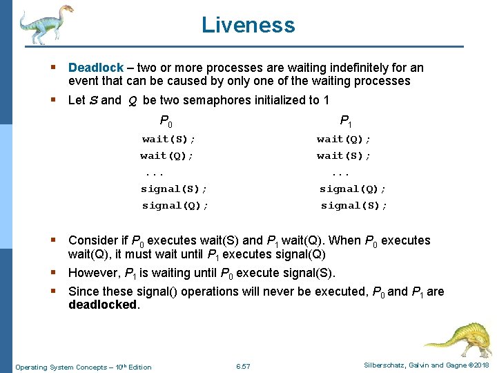 Liveness § Deadlock – two or more processes are waiting indefinitely for an event