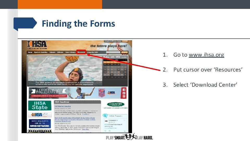 Finding the Forms 1. Go to www. ihsa. org 2. Put cursor over ‘Resources’