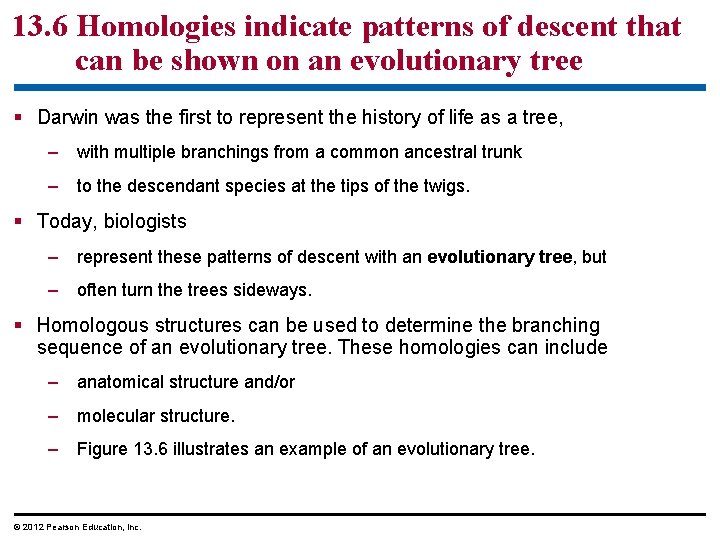 13. 6 Homologies indicate patterns of descent that can be shown on an evolutionary