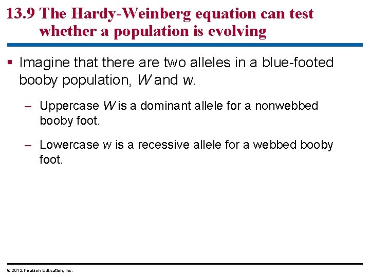 13. 9 The Hardy-Weinberg equation can test whether a population is evolving Imagine that