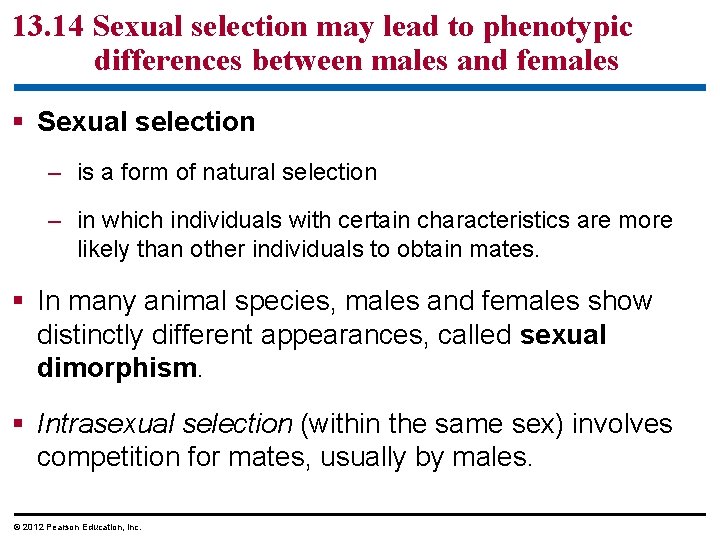 13. 14 Sexual selection may lead to phenotypic differences between males and females Sexual