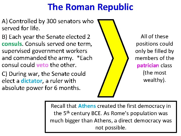 The Roman Republic A) Controlled by 300 senators who served for life. B) Each