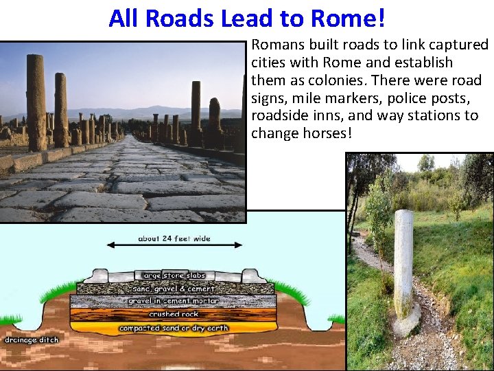 All Roads Lead to Rome! Romans built roads to link captured cities with Rome