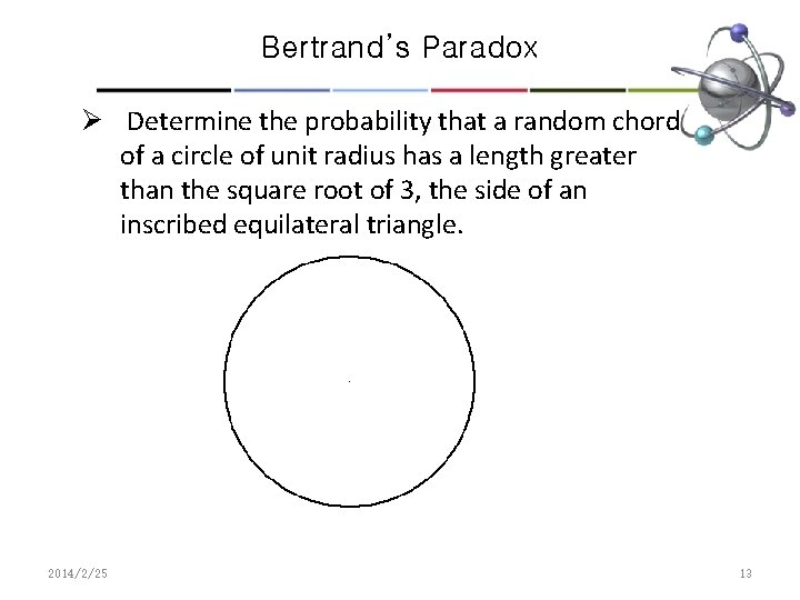 Bertrand’s Paradox Ø Determine the probability that a random chord of a circle of