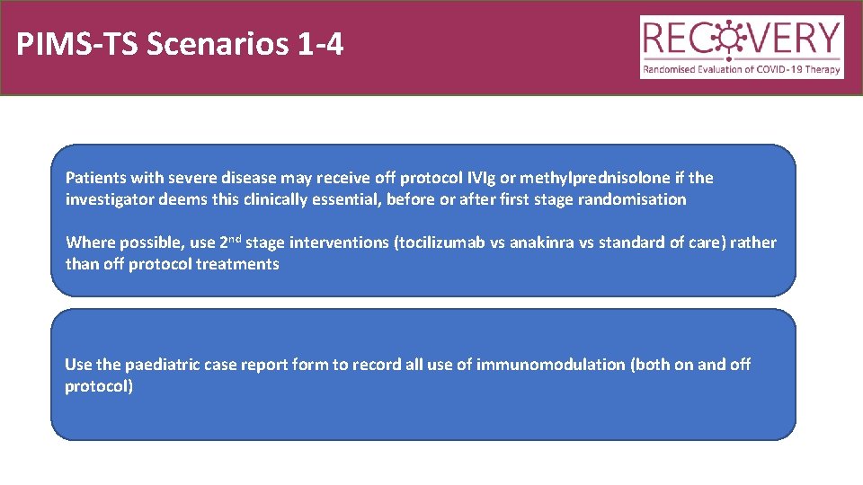 PIMS-TS Scenarios 1 -4 Patients with severe disease may receive off protocol IVIg or