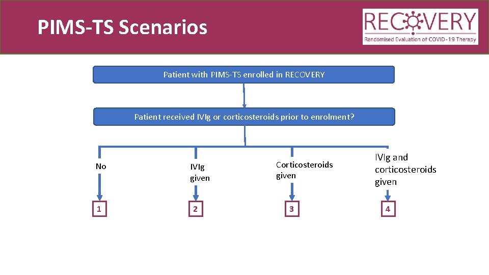 PIMS-TS Scenarios Patient with PIMS-TS enrolled in RECOVERY Patient received IVIg or corticosteroids prior