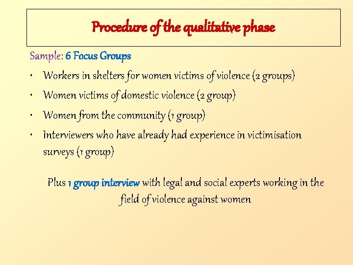 Procedure of the qualitative phase Sample: 6 Focus Groups • Workers in shelters for