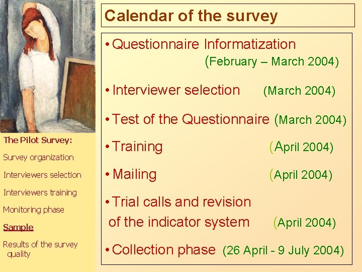 Calendar of the survey • Questionnaire Informatization (February – March 2004) • Interviewer selection