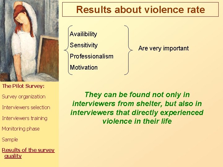 Results about violence rate Availibility Sensitivity Are very important Professionalism Motivation The Pilot Survey: