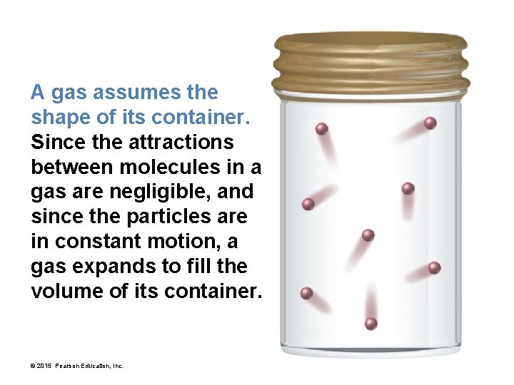 A gas assumes the shape of its container. Since the attractions between molecules in