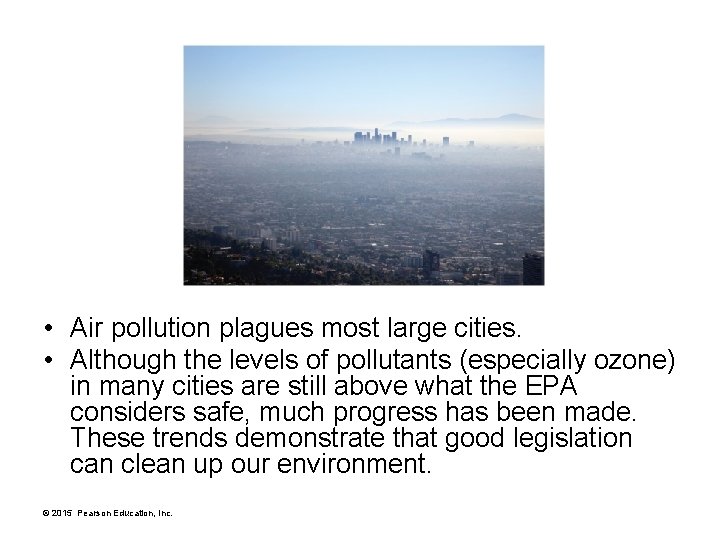  • Air pollution plagues most large cities. • Although the levels of pollutants