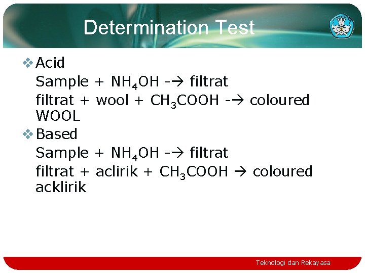 Determination Test v Acid Sample + NH 4 OH - filtrat + wool +