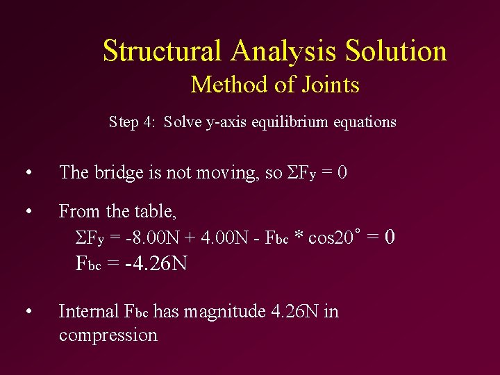 Structural Analysis Solution Method of Joints Step 4: Solve y-axis equilibrium equations • The