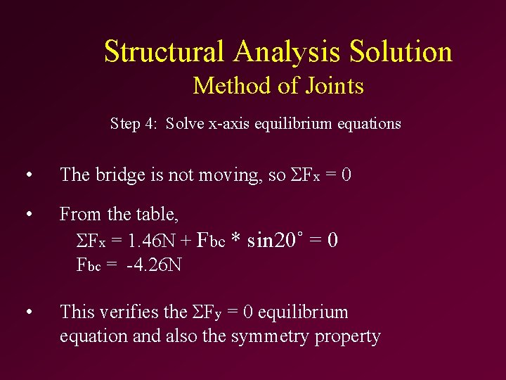 Structural Analysis Solution Method of Joints Step 4: Solve x-axis equilibrium equations • The