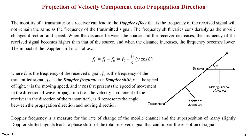 Projection of Velocity Component onto Propagation Direction Receiver Moving direction of receiver Transmitter Chapter