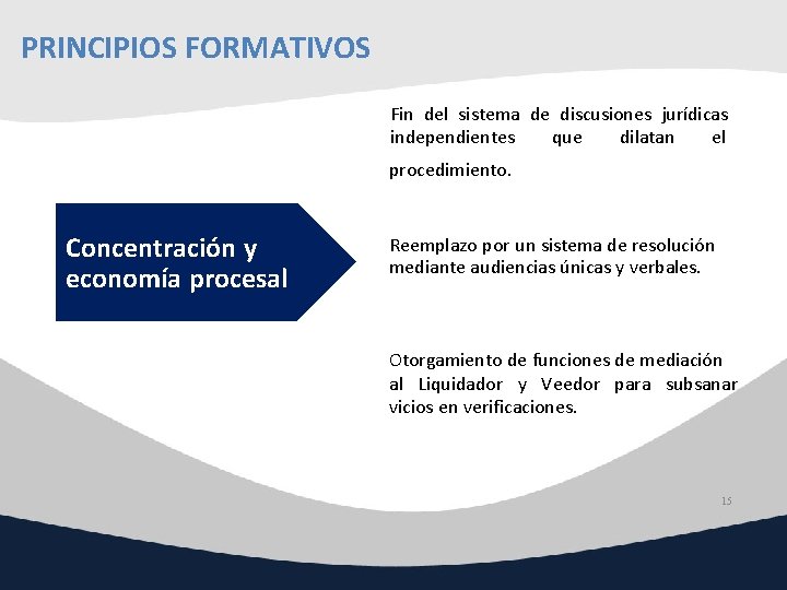 PRINCIPIOS FORMATIVOS Fin del sistema de discusiones jurídicas independientes que dilatan el procedimiento. Concentración