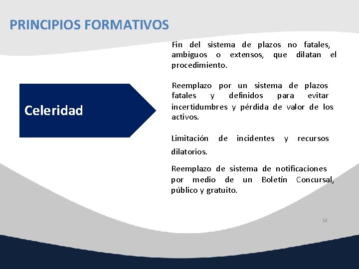 PRINCIPIOS FORMATIVOS Fin del sistema de plazos no fatales, ambiguos o extensos, que dilatan