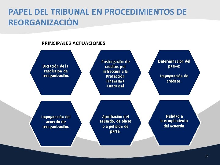 PAPEL DEL TRIBUNAL EN PROCEDIMIENTOS DE REORGANIZACIÓN PRINCIPALES ACTUACIONES Dictación de la resolución de