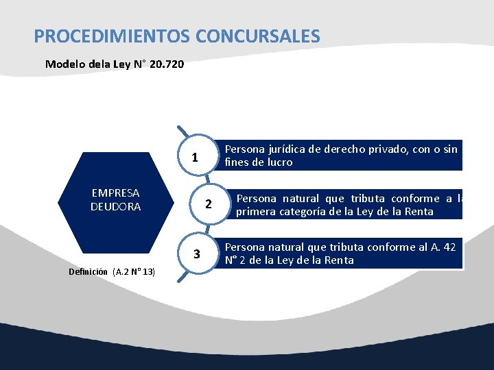 PROCEDIMIENTOS CONCURSALES Modelo dela Ley N° 20. 720 Persona jurídica de derecho privado, con