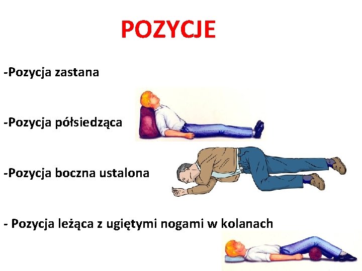 POZYCJE -Pozycja zastana -Pozycja półsiedząca -Pozycja boczna ustalona - Pozycja leżąca z ugiętymi nogami