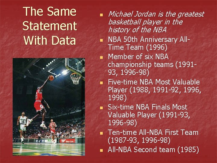 The Same Statement With Data n n n n Michael Jordan is the greatest