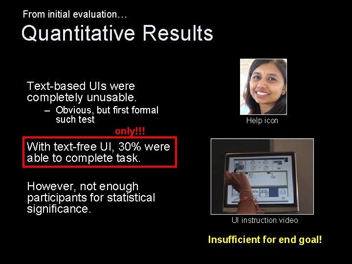 From initial evaluation… Quantitative Results Text-based UIs were completely unusable. – Obvious, but first