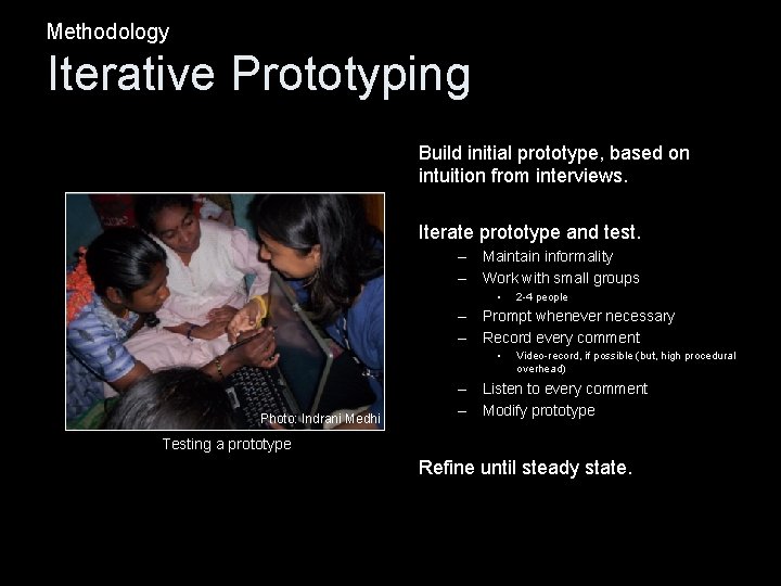 Methodology Iterative Prototyping Build initial prototype, based on intuition from interviews. Iterate prototype and