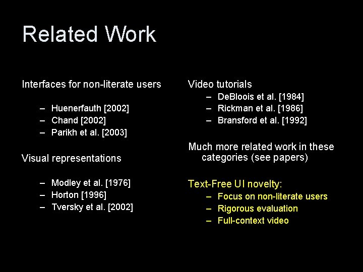 Related Work Interfaces for non-literate users – Huenerfauth [2002] – Chand [2002] – Parikh