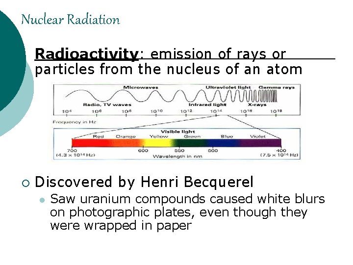Nuclear Radiation Radioactivity: emission of rays or particles from the nucleus of an atom