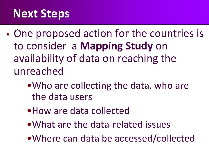 Next Steps • One proposed action for the countries is to consider a Mapping