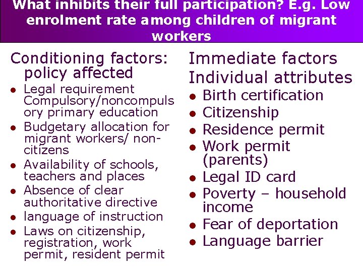 What inhibits their full participation? E. g. Low enrolment rate among children of migrant