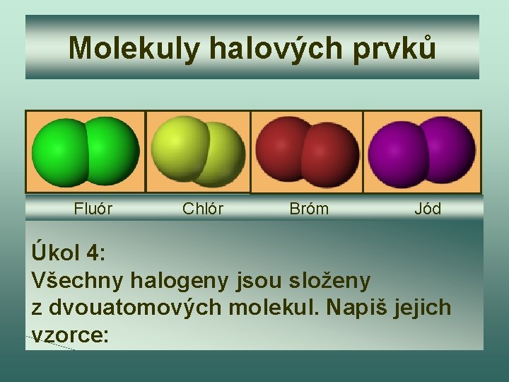 Molekuly halových prvků Fluór Chlór Bróm Jód Úkol 4: Všechny halogeny jsou složeny z