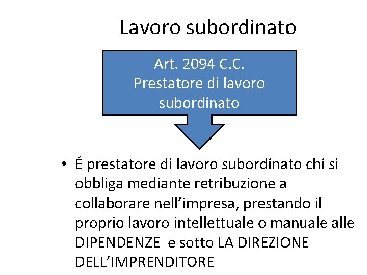 Lavoro subordinato Art. 2094 C. C. Prestatore di lavoro subordinato • É prestatore di