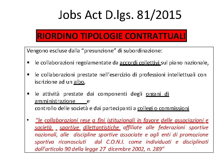 Jobs Act D. lgs. 81/2015 RIORDINO TIPOLOGIE CONTRATTUALI Vengono escluse dalla “presunzione” di subordinazione: