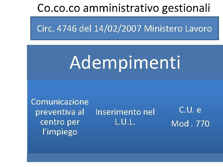 Co. co amministrativo gestionali Circ. 4746 del 14/02/2007 Ministero Lavoro Adempimenti Comunicazione preventiva al