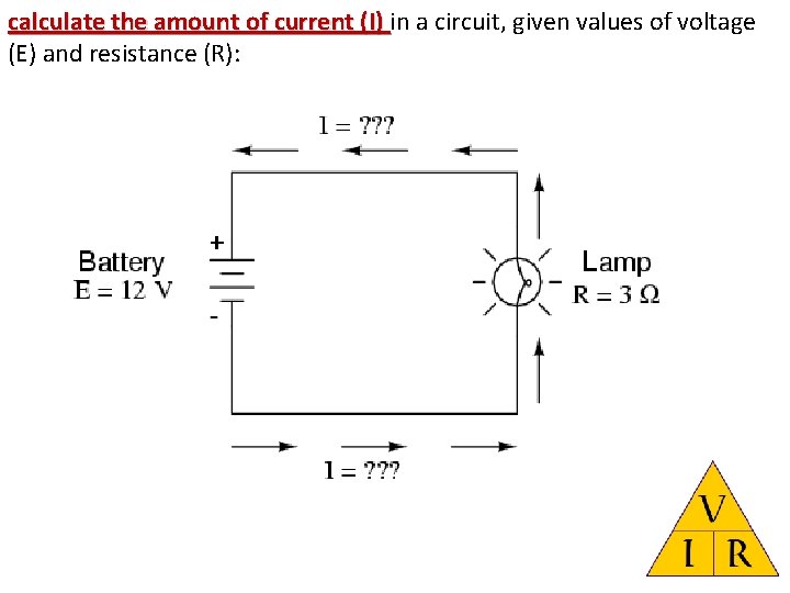 calculate the amount of current (I) in a circuit, given values of voltage (E)