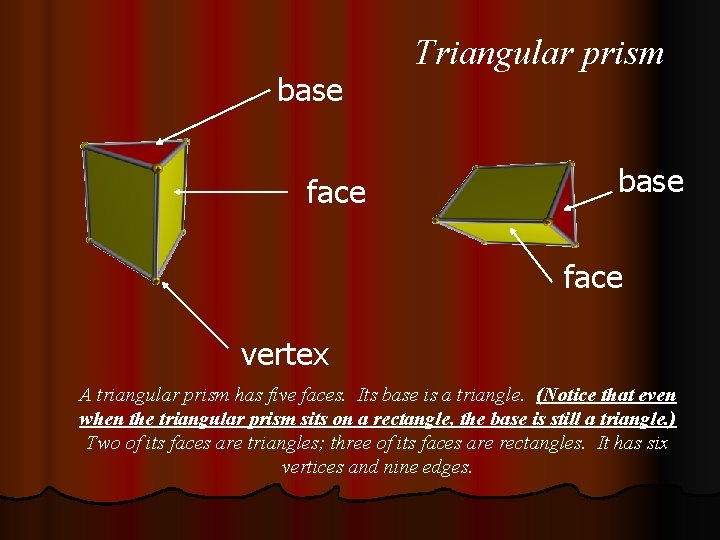 base face Triangular prism base face vertex A triangular prism has five faces. Its