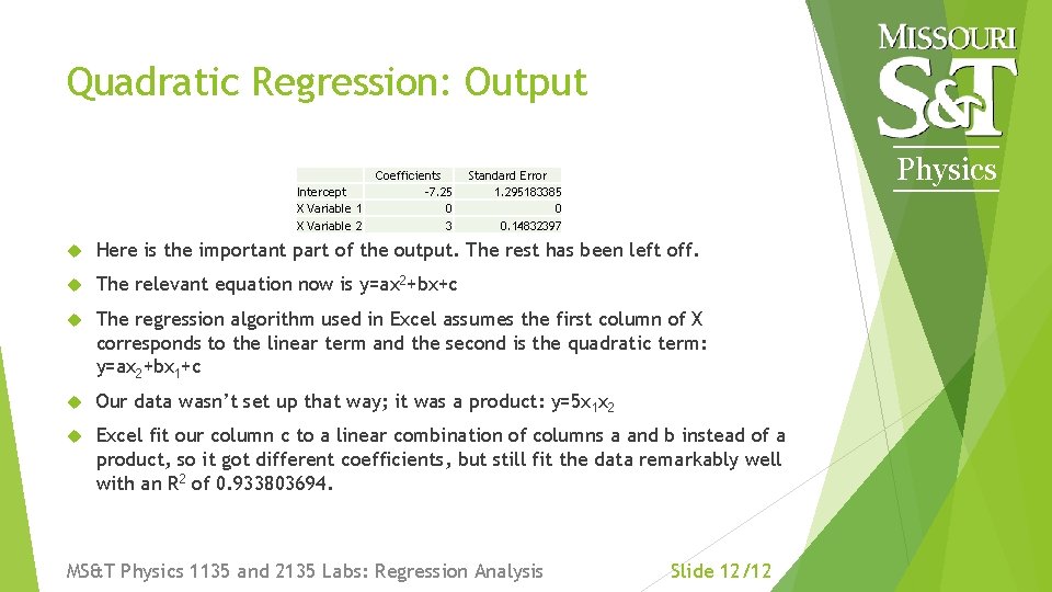 Quadratic Regression: Output Intercept X Variable 1 X Variable 2 Coefficients -7. 25 0 Quadratic Regression: Output Intercept X Variable 1 X Variable 2 Coefficients -7. 25 0