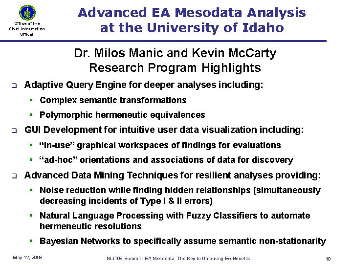 Office of the Chief Information Officer Advanced EA Mesodata Analysis at the University of
