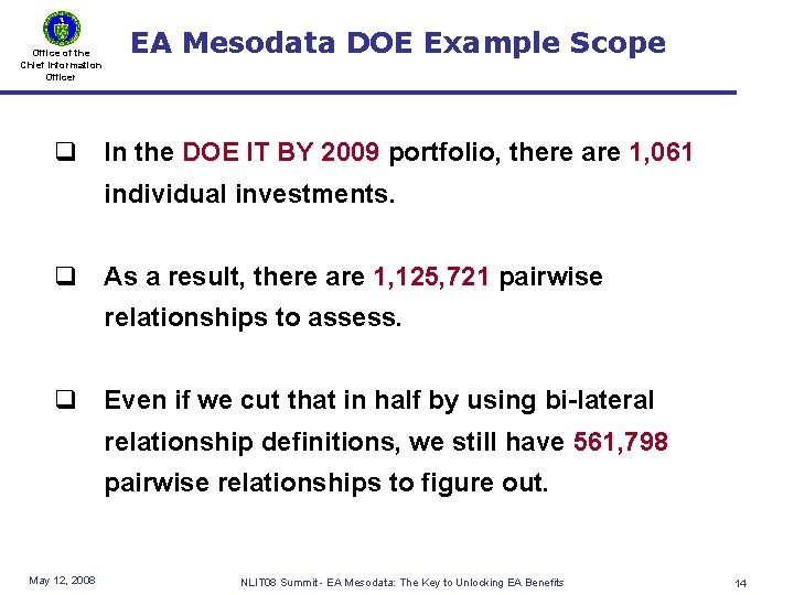 Office of the Chief Information Officer EA Mesodata DOE Example Scope q In the