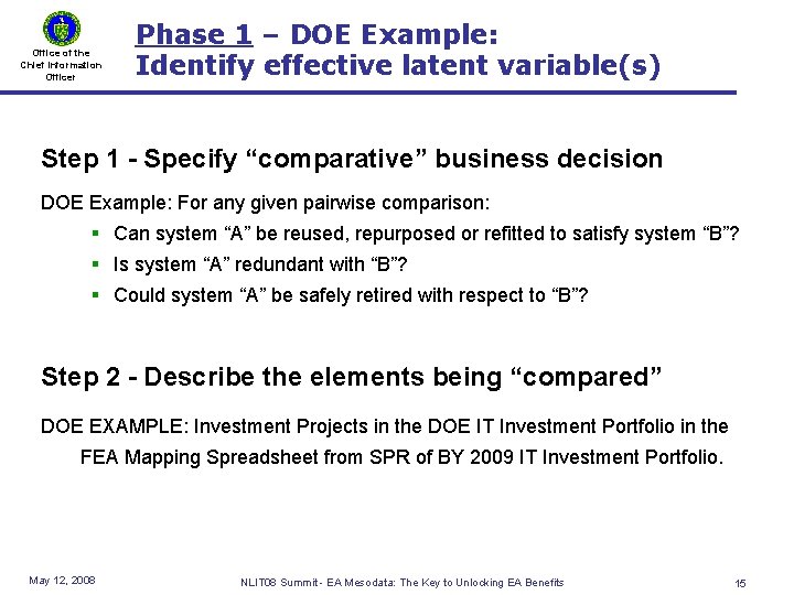 Office of the Chief Information Officer Phase 1 – DOE Example: Identify effective latent