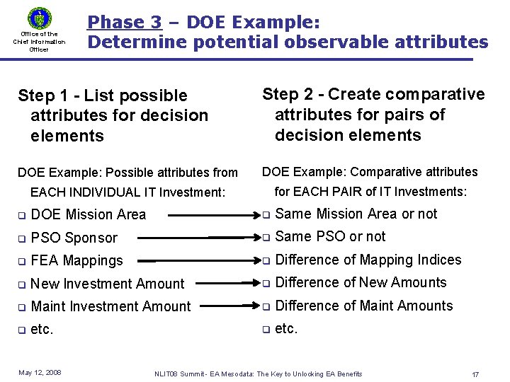 Office of the Chief Information Officer Phase 3 – DOE Example: Determine potential observable