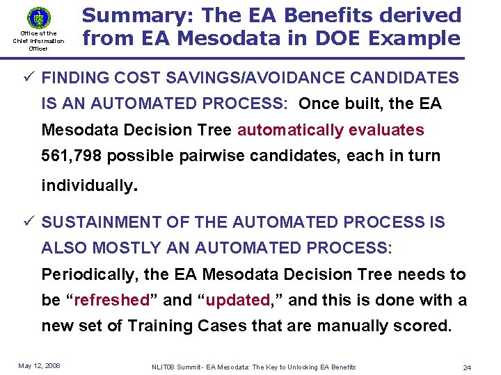 Office of the Chief Information Officer Summary: The EA Benefits derived from EA Mesodata
