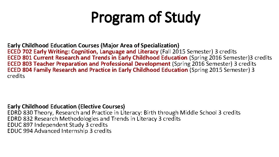 Program of Study Early Childhood Education Courses (Major Area of Specialization) ECED 702 Early